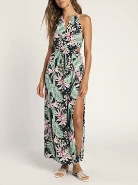 Tropical Halter Maxi Dress in Navy with Pink & Mint Floral Print